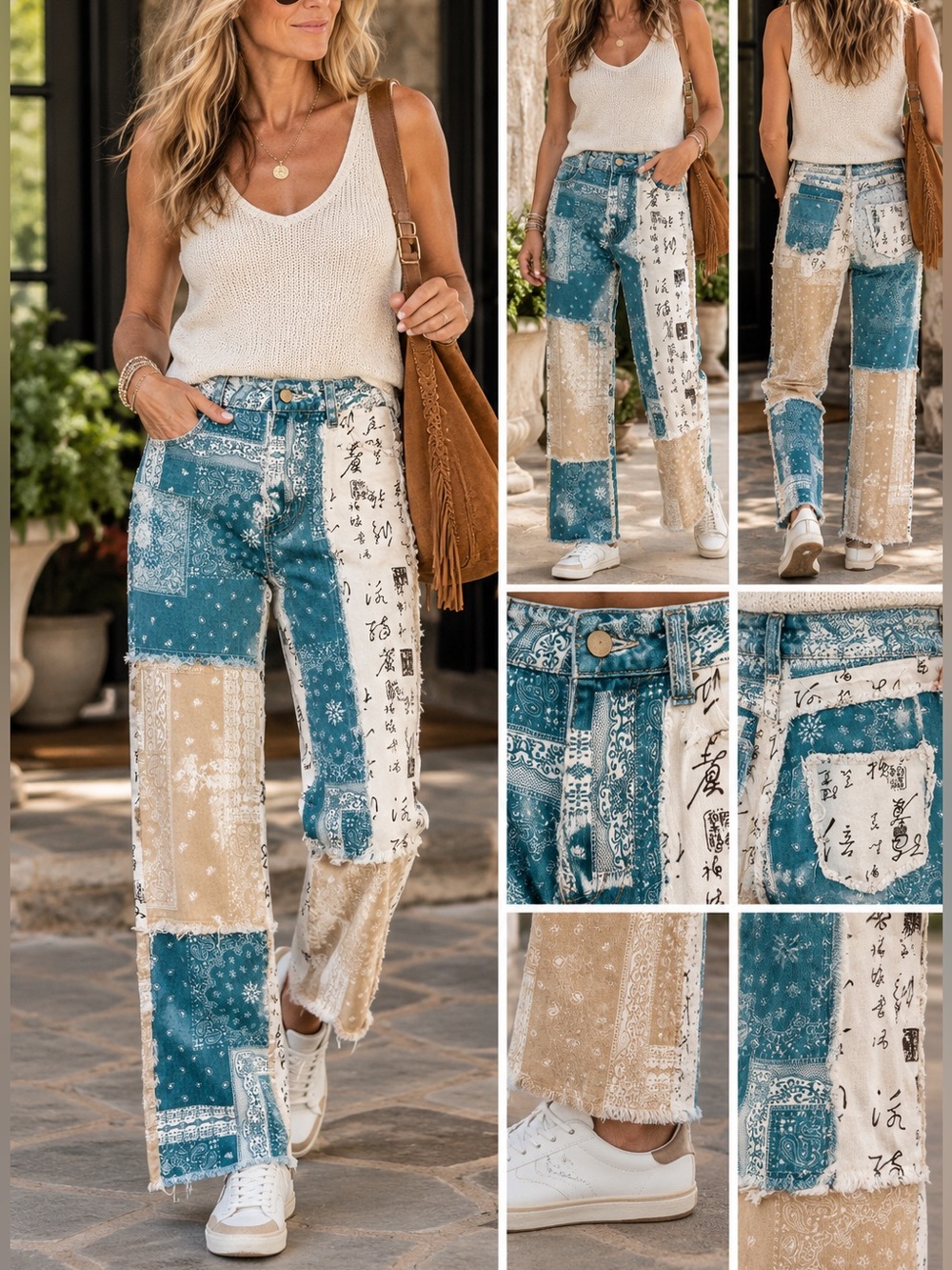Teal Tan Patchwork Bandana Print Raw Hem Jeans